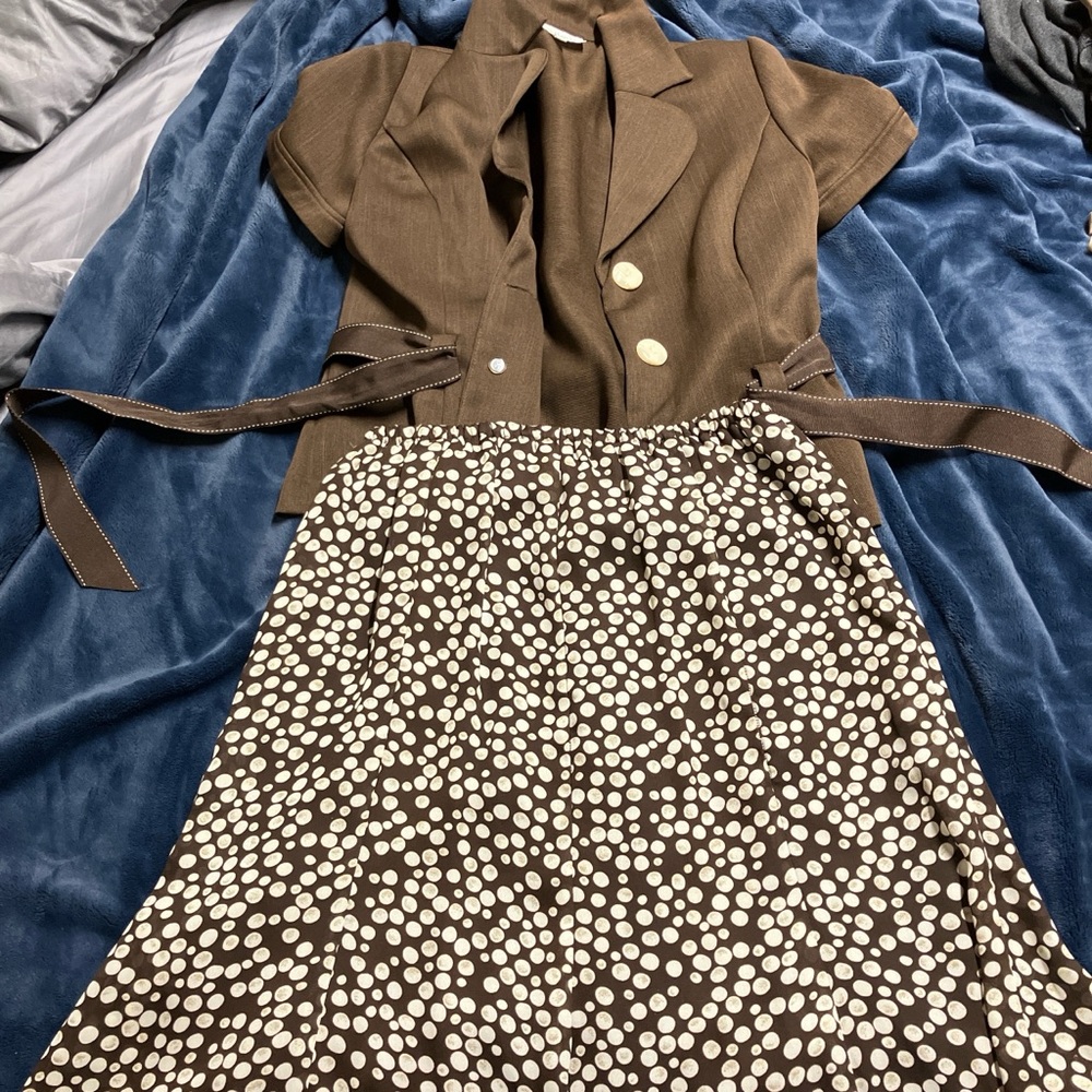 Brown and white polka dot midi skirt and blazer set